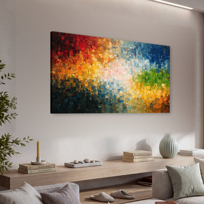 Colorful mosaic abstract painting canvas wall art in a living room above a console