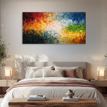 Colorful mosaic abstract painting canvas wall art in a bedroom above the bed