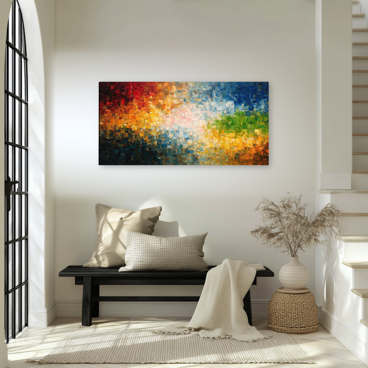Colorful mosaic abstract painting canvas wall art in an entryway above a bench