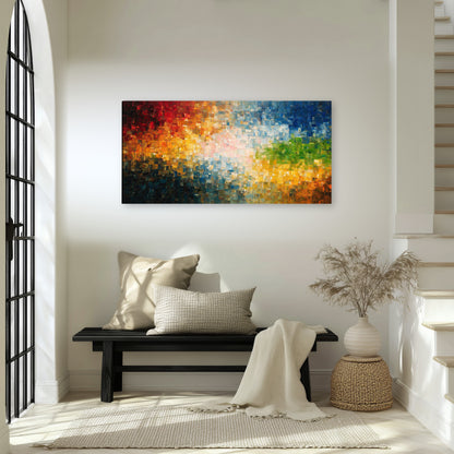 Colorful mosaic abstract painting canvas wall art in an entryway above a bench