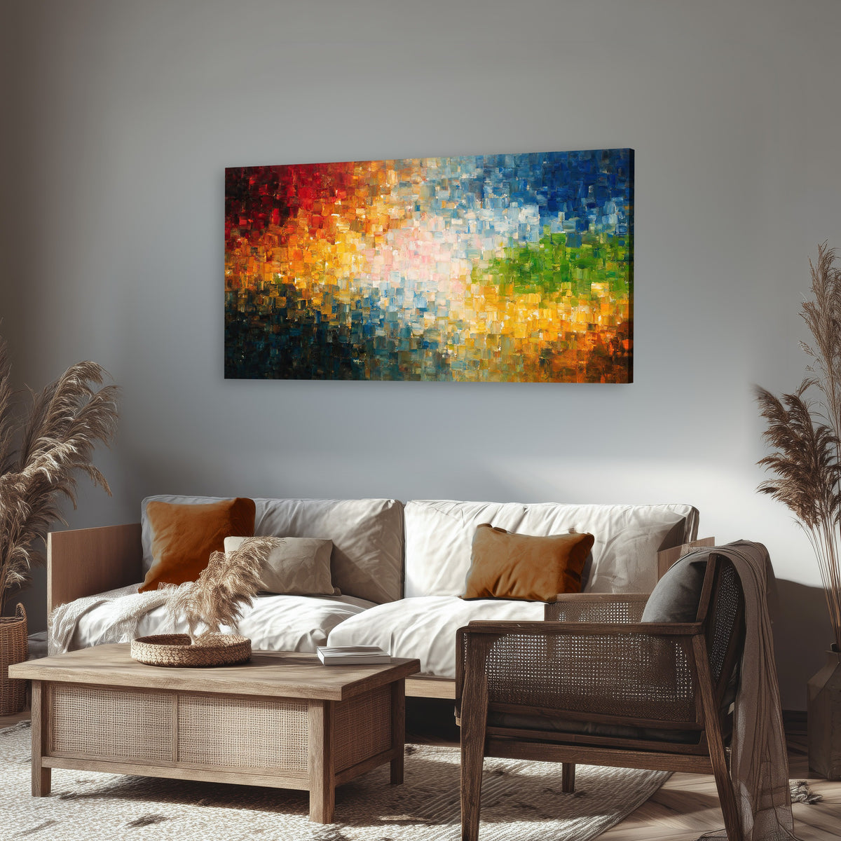Colorful mosaic abstract painting canvas wall art in a rustic living room