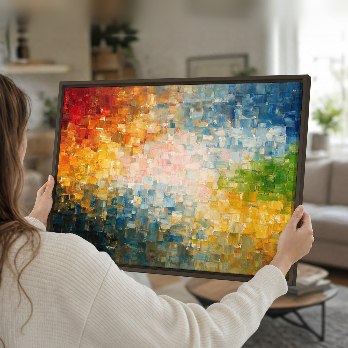 Colorful mosaic abstract painting framed canvas held in hands