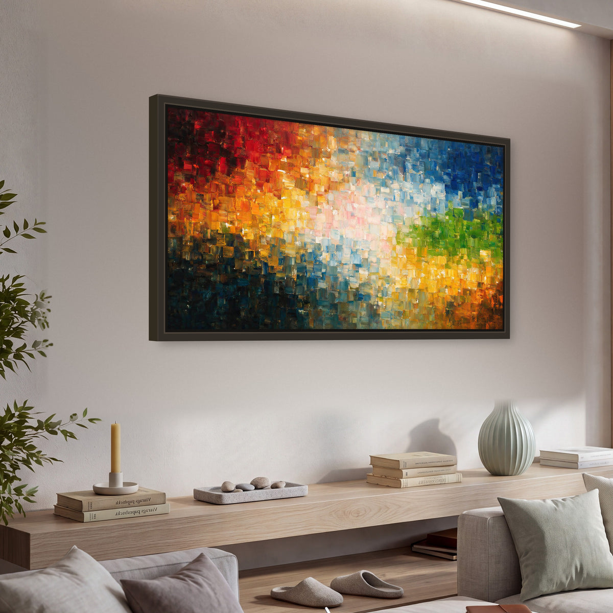 Colorful mosaic abstract painting framed canvas wall art in a living room above a console