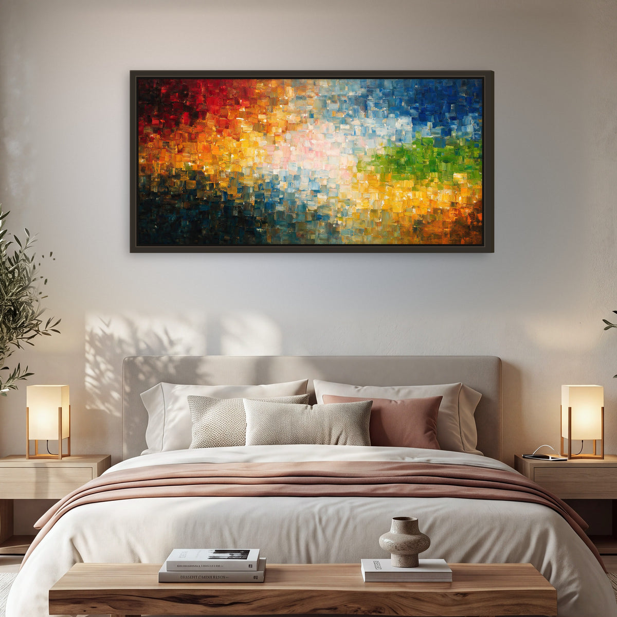 Colorful mosaic abstract painting framed canvas wall art in a bedroom above the bed