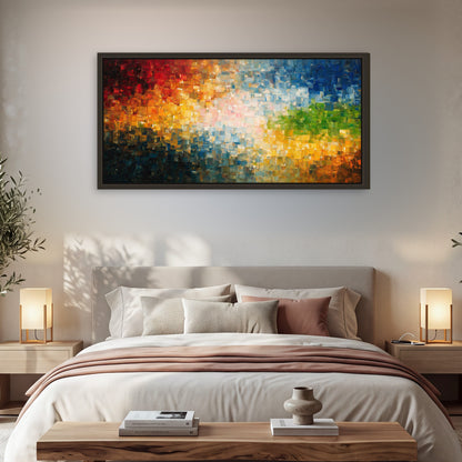 Colorful mosaic abstract painting framed canvas wall art in a bedroom above the bed