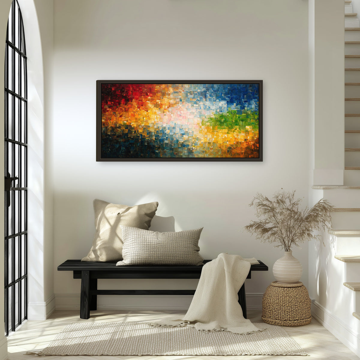 Colorful mosaic abstract painting framed canvas wall art in an entryway above a bench
