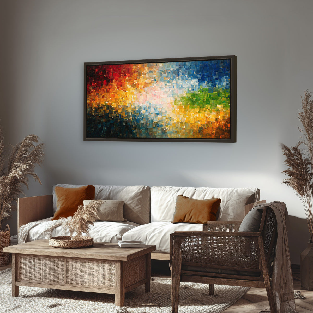 Colorful mosaic abstract painting framed canvas wall art in a rustic living room
