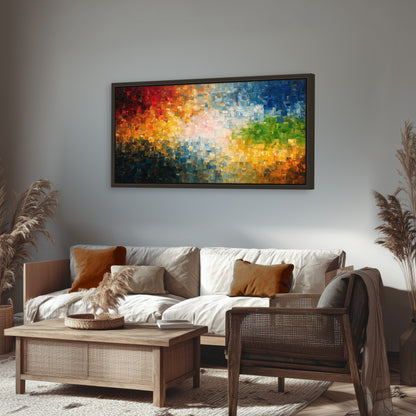 Colorful mosaic abstract painting framed canvas wall art in a rustic living room