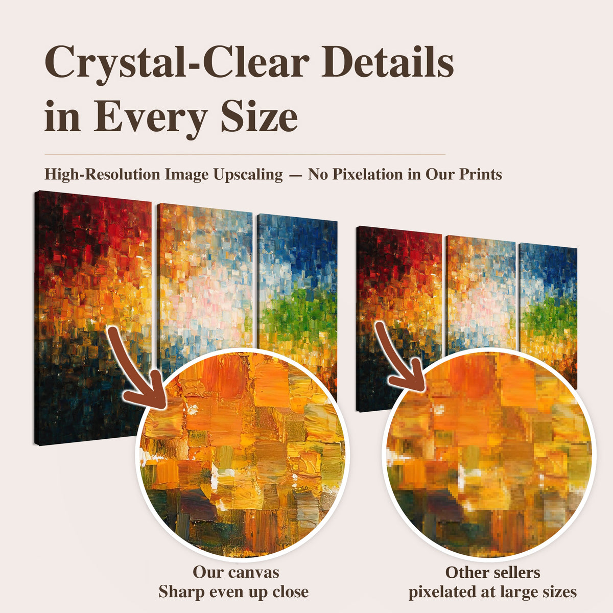 Colorful mosaic abstract painting high-resolution print quality comparison