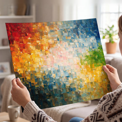 Colorful mosaic abstract painting poster print held in hands