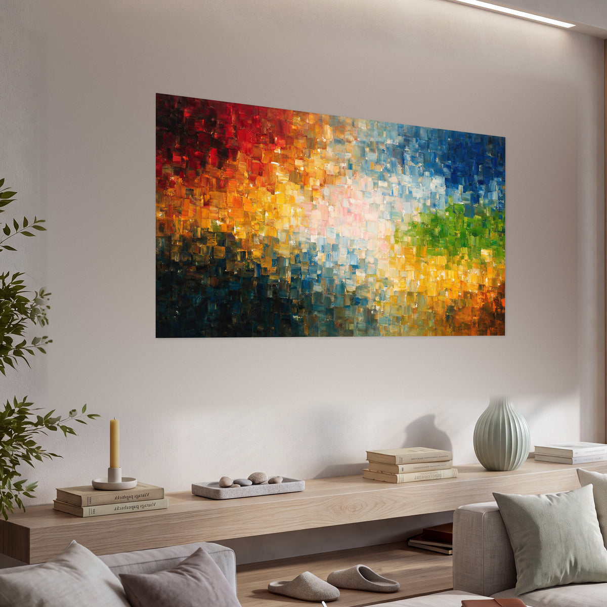 Colorful mosaic abstract painting poster print in a living room above a console