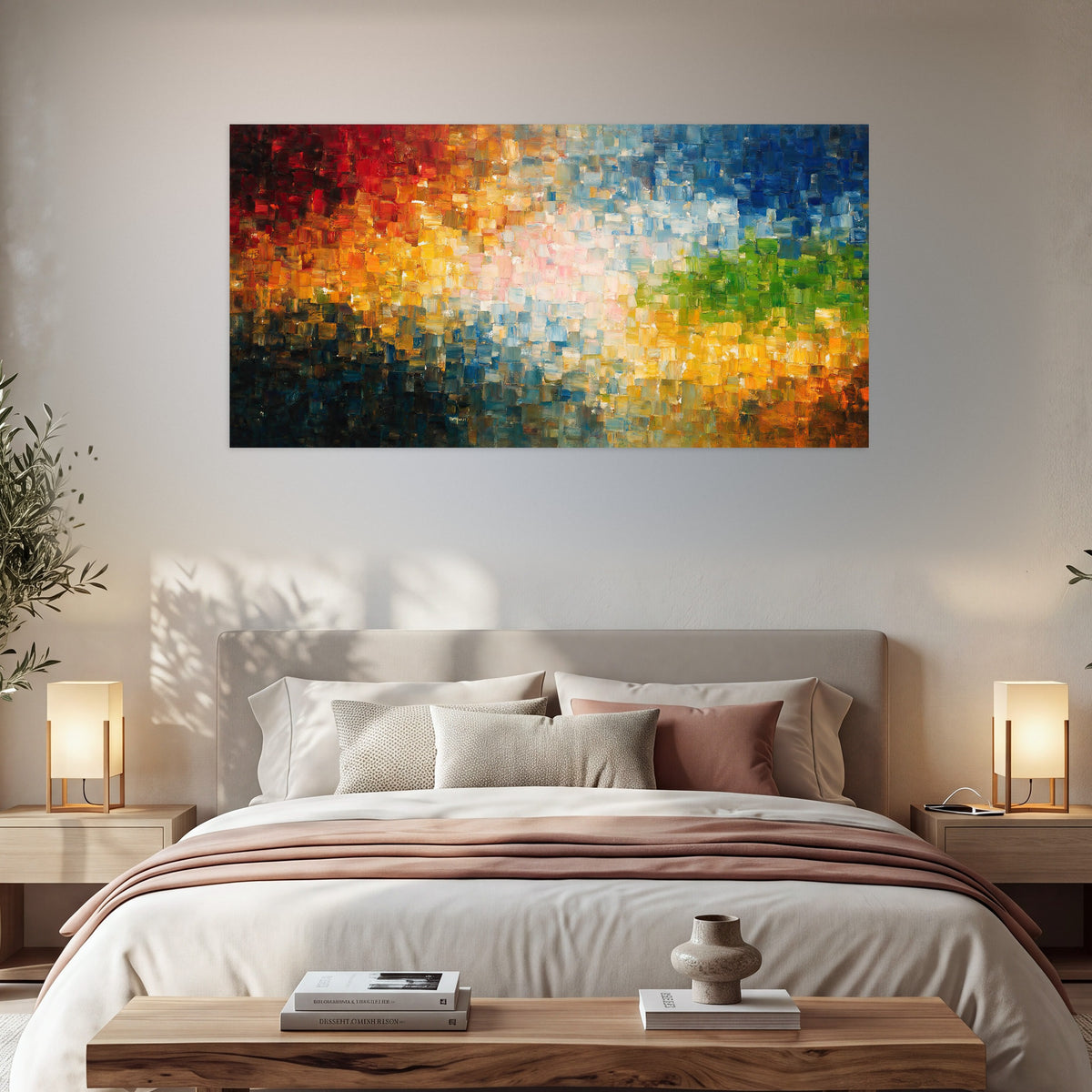 Colorful mosaic abstract painting poster print in a bedroom above the bed