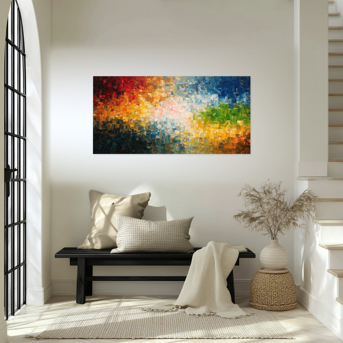 Colorful mosaic abstract painting poster print in an entryway above a bench