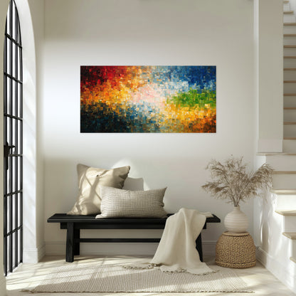 Colorful mosaic abstract painting poster print in an entryway above a bench