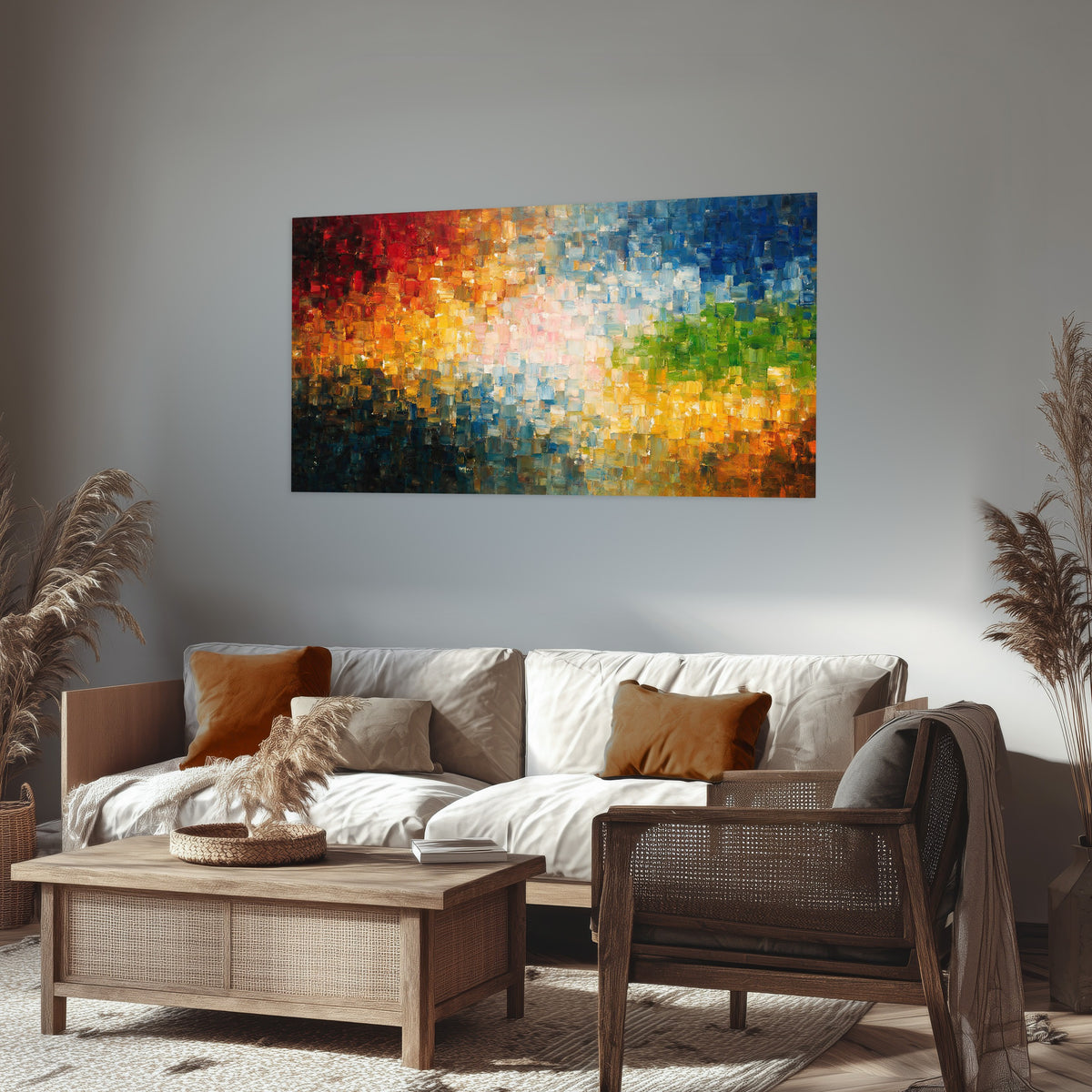 Colorful mosaic abstract painting poster print in a rustic living room
