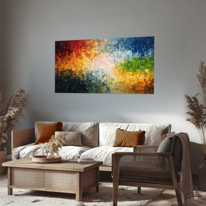 Colorful mosaic abstract painting poster print in a rustic living room