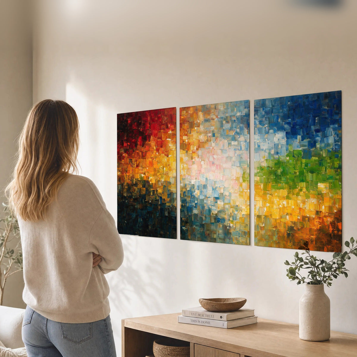 Colorful mosaic abstract painting set of 3 poster prints in a living room