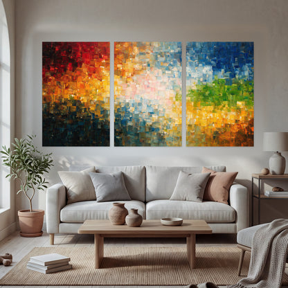 Colorful mosaic abstract painting set of 3 poster prints in a bright living room