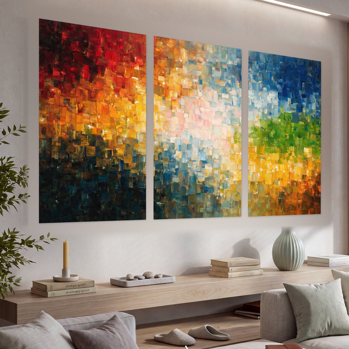 Colorful mosaic abstract painting set of 3 poster prints in a living room above a console