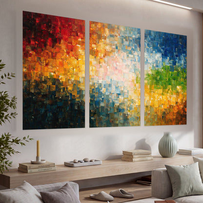 Colorful mosaic abstract painting set of 3 poster prints in a living room above a console