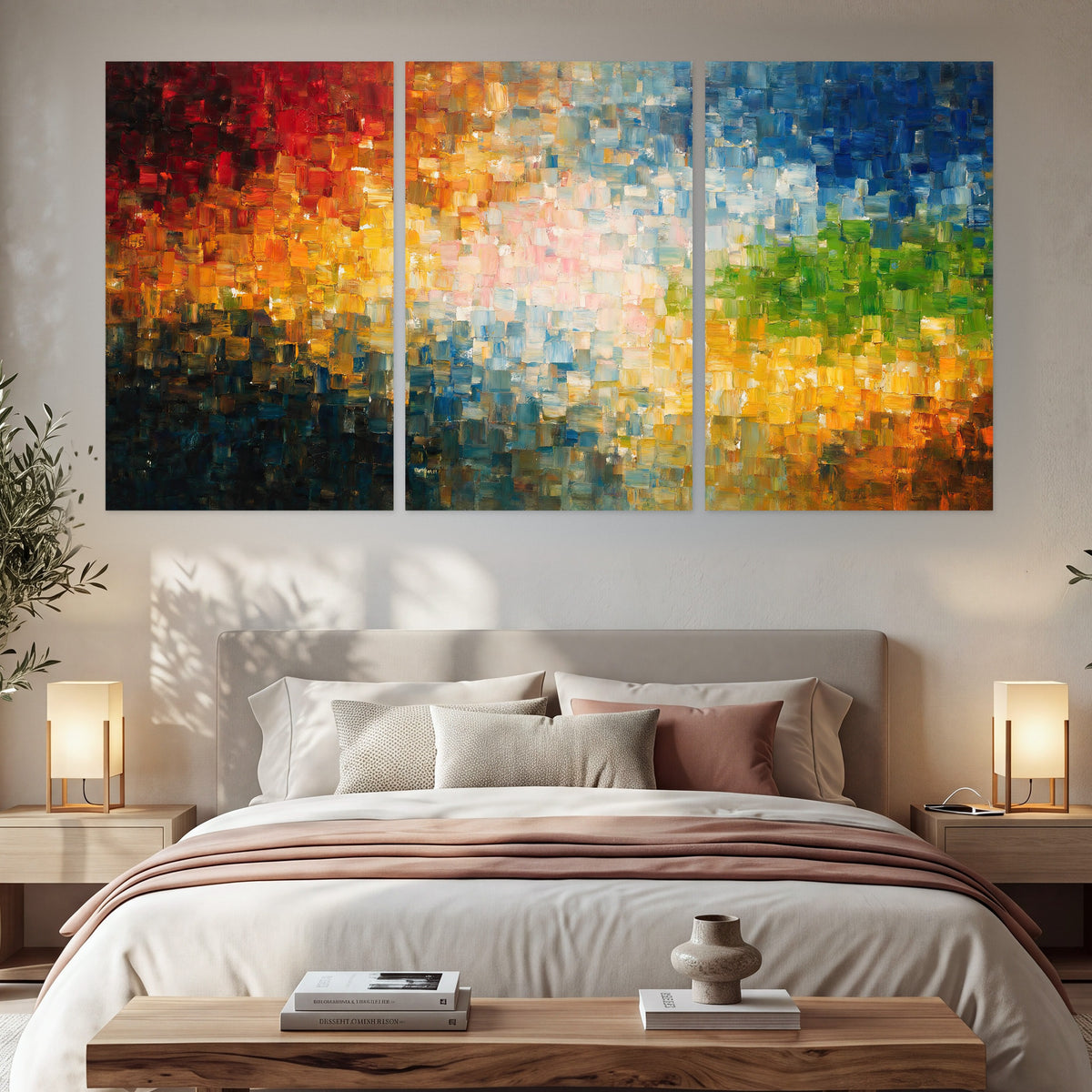 Colorful mosaic abstract painting set of 3 poster prints in a bedroom above the bed