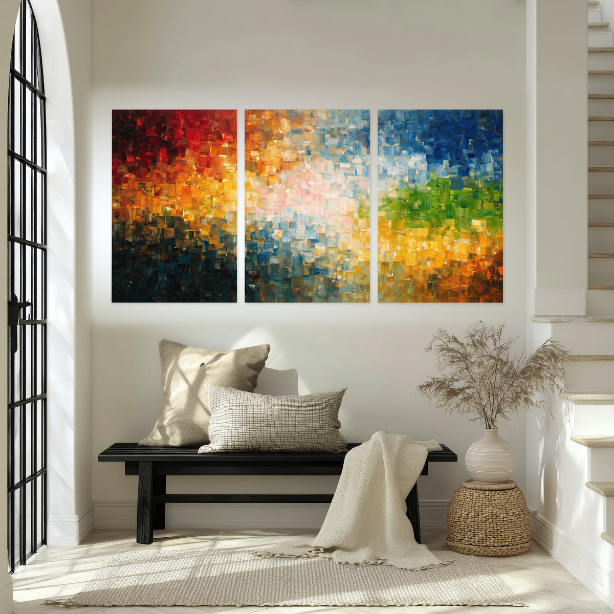Colorful mosaic abstract painting set of 3 poster prints in an entryway above a bench