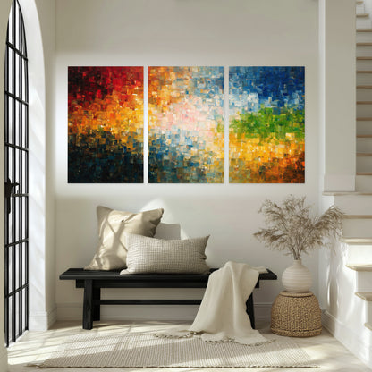 Colorful mosaic abstract painting set of 3 poster prints in an entryway above a bench