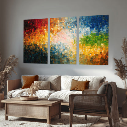 Colorful mosaic abstract painting set of 3 poster prints in a rustic living room