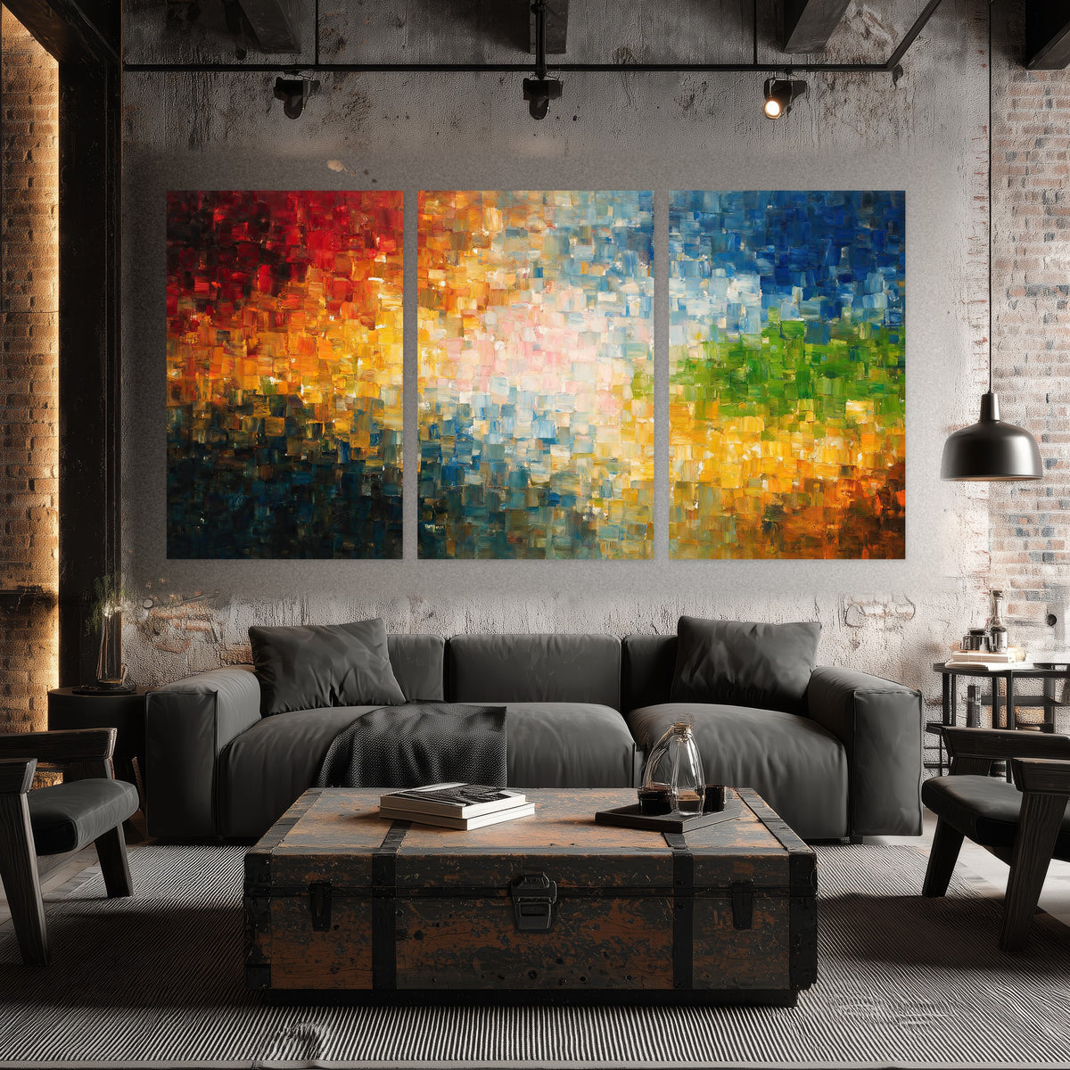 Colorful mosaic abstract painting set of 3 poster prints in an industrial loft