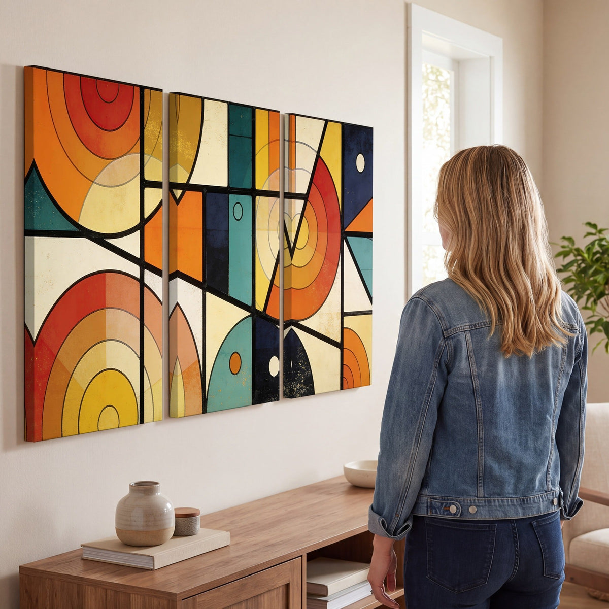 Mid century geometric abstract painting 3 piece canvas wall art in a living room