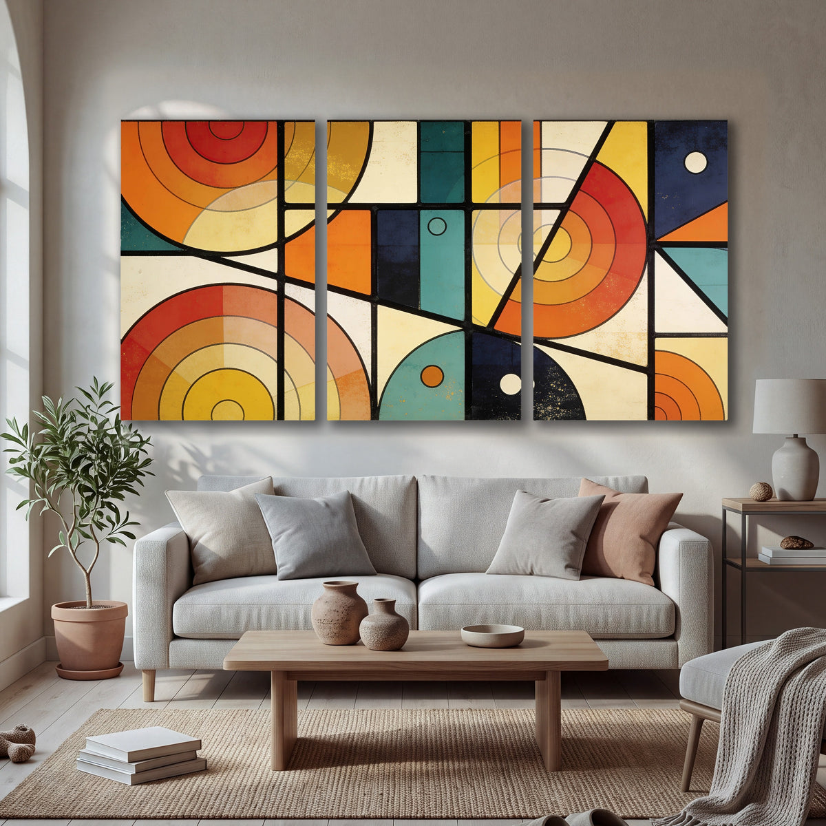 Mid century geometric abstract painting 3 piece canvas wall art in a bright living room