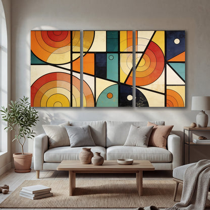 Mid century geometric abstract painting 3 piece canvas wall art in a bright living room