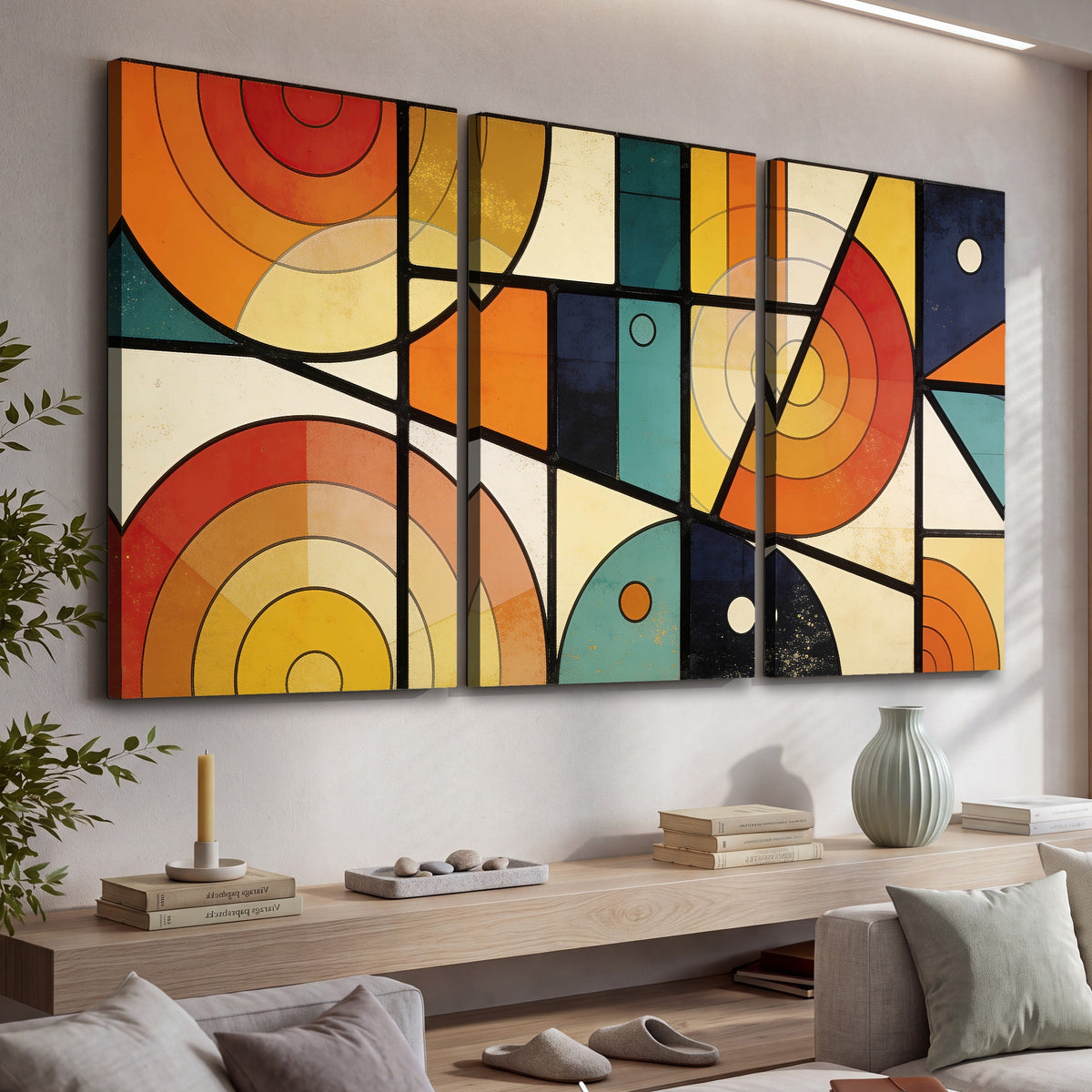 Mid century geometric abstract painting 3 piece canvas wall art in a living room above a console