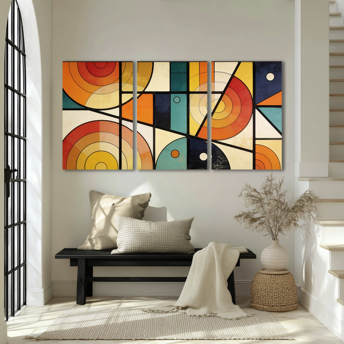 Mid century geometric abstract painting 3 piece canvas wall art in an entryway above a bench