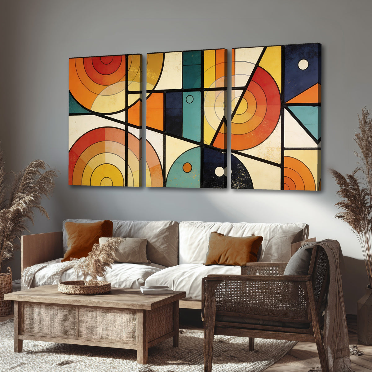 Mid century geometric abstract painting 3 piece canvas wall art in a rustic living room
