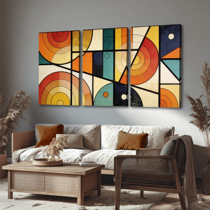 Mid century geometric abstract painting 3 piece canvas wall art in a rustic living room