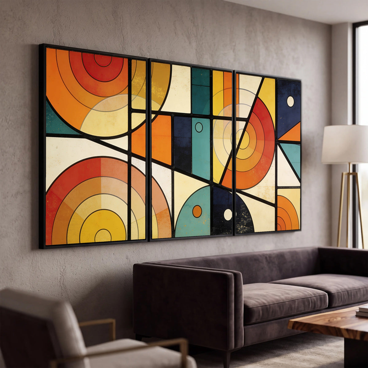 Mid century geometric abstract painting 3 piece canvas wall art in a modern living room