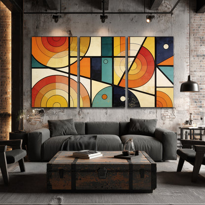 Mid century geometric abstract painting 3 piece canvas wall art in an industrial loft