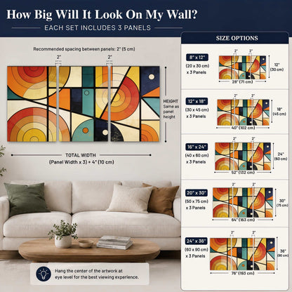 Mid century geometric abstract painting 3 piece canvas wall art size guide above a sofa