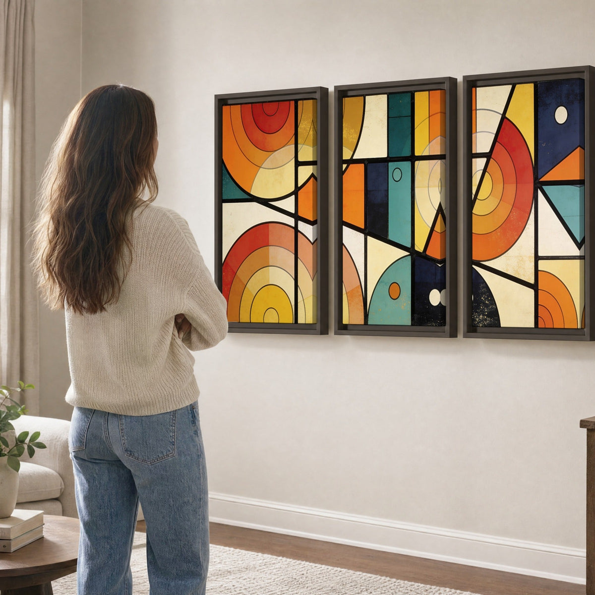 Mid century geometric abstract painting 3 piece framed canvas in a living room