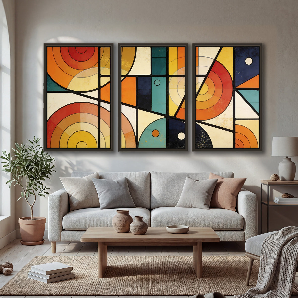 Mid century geometric abstract painting 3 piece framed canvas in a bright living room