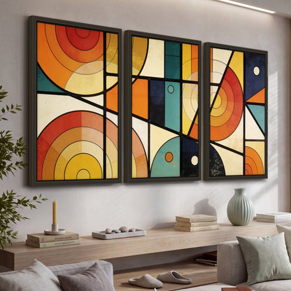 Mid century geometric abstract painting 3 piece framed canvas in a living room above a console