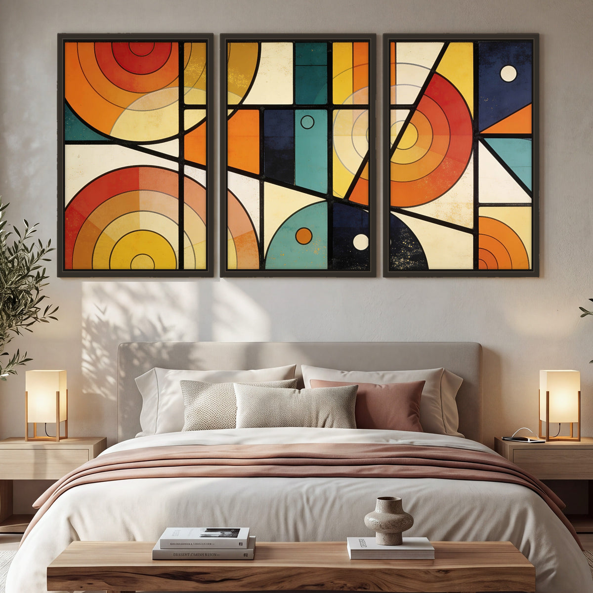 Mid century geometric abstract painting 3 piece framed canvas in a bedroom above the bed