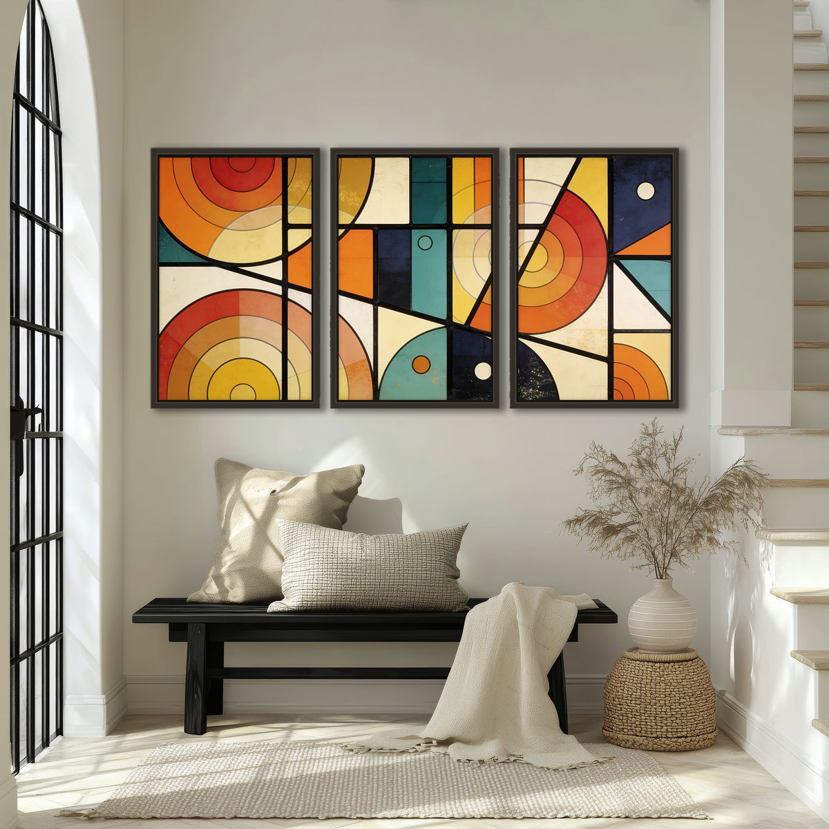 Mid century geometric abstract painting 3 piece framed canvas in an entryway above a bench