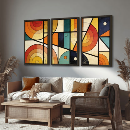 Mid century geometric abstract painting 3 piece framed canvas in a rustic living room
