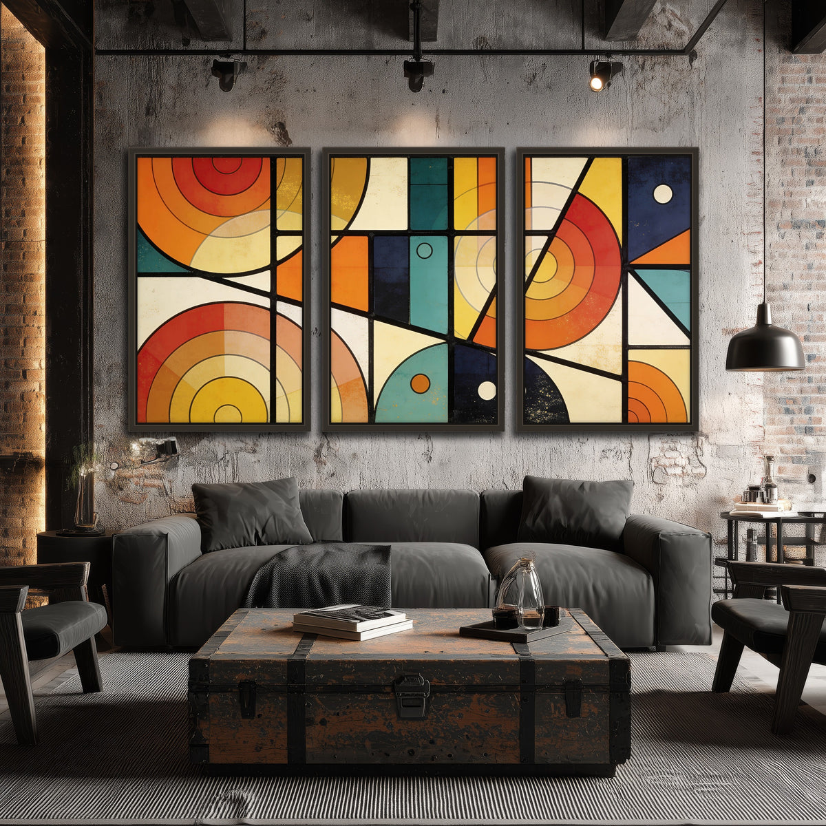 Mid century geometric abstract painting 3 piece framed canvas in an industrial loft