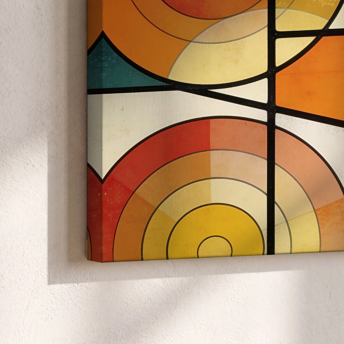 Mid century geometric abstract painting canvas print close-up showing the gallery-wrapped edge