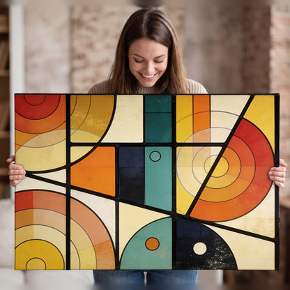 Mid century geometric abstract painting canvas wall art held in hands