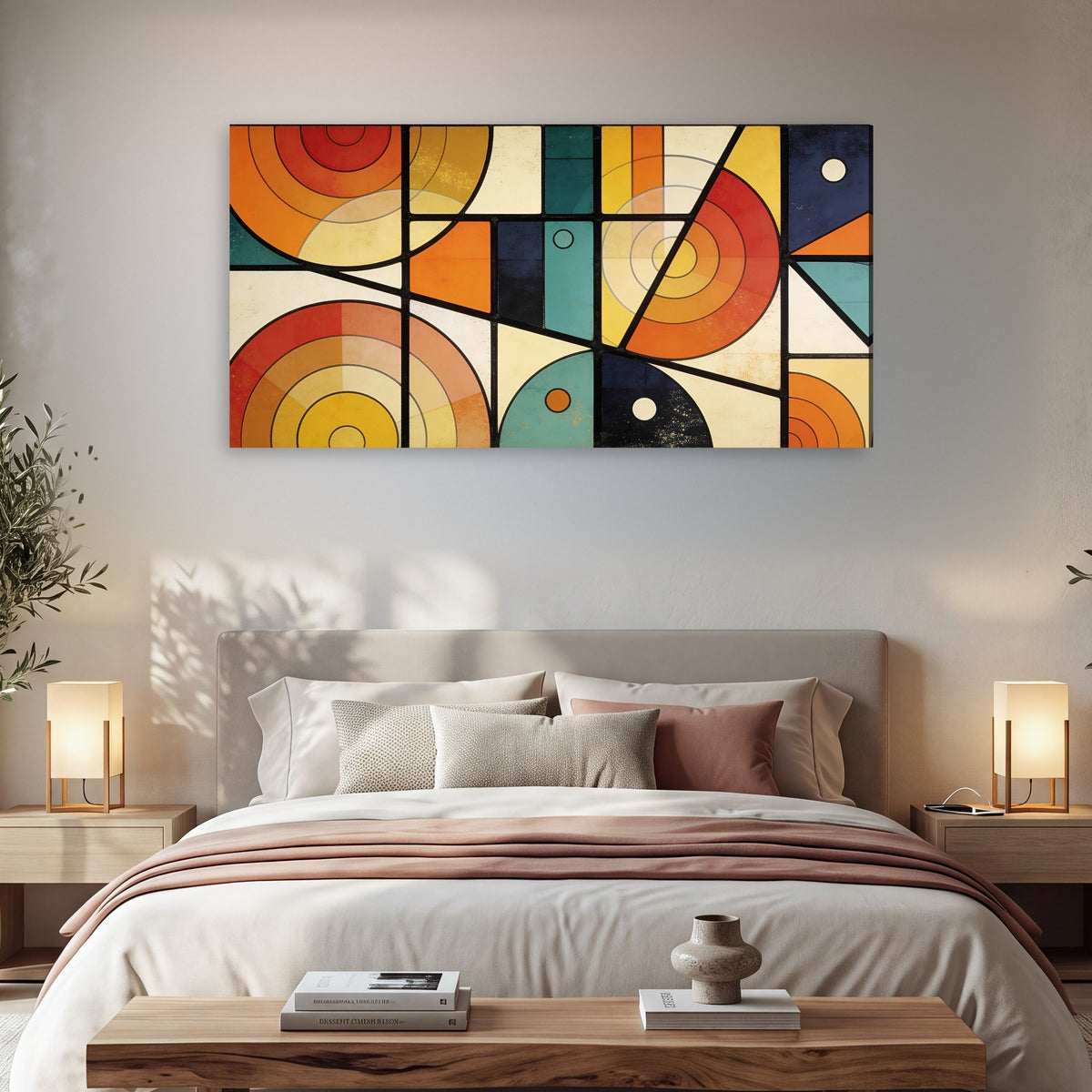 Mid century geometric abstract painting canvas wall art in a bedroom above the bed