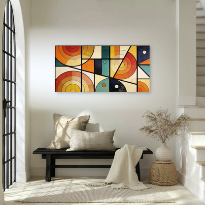Mid century geometric abstract painting canvas wall art in an entryway above a bench